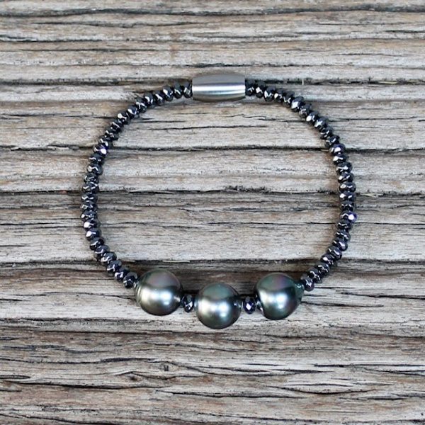 Praktisches Monika-Seitter-Burotu-Armband-Haematit-mit-3-Tahiti perlen Magnetverschluß