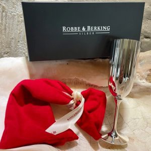 RobbeBerking-Champagnerkelch-Belvedere-90versilbert mit rotem Stoffbeutel und Kartonage