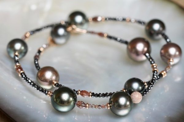 Gellner Armband-Tahiti-Perlen-Armband-schwarze Diamanten 2reihig